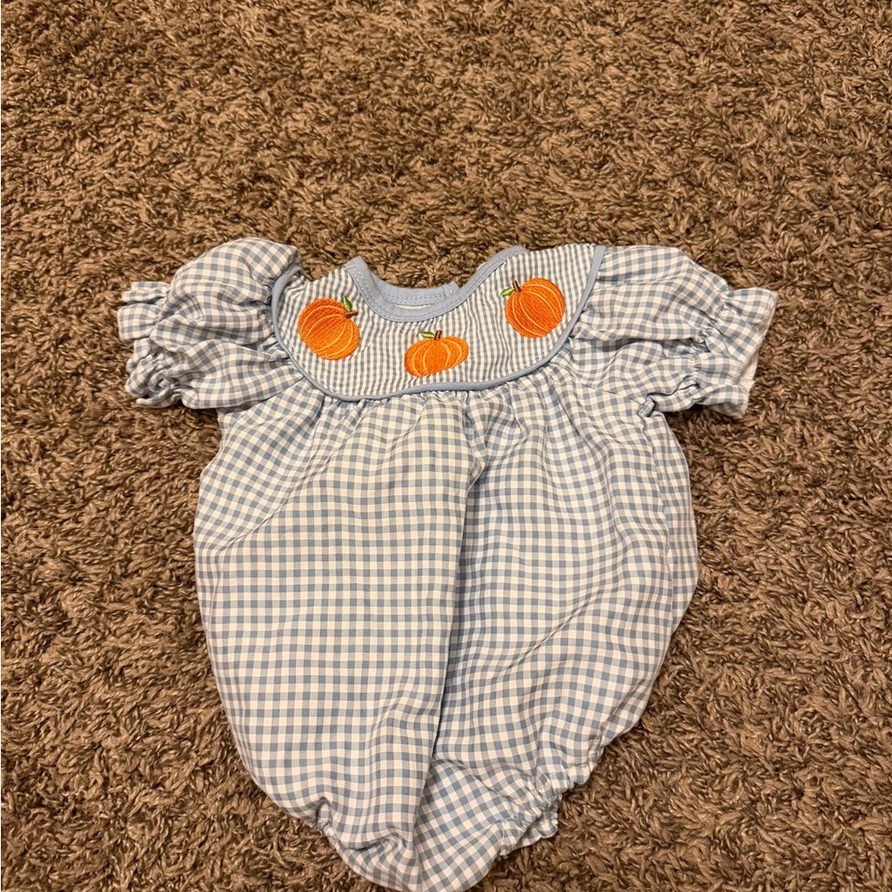 Blue Gingham Kids One Piece with Orange Accents